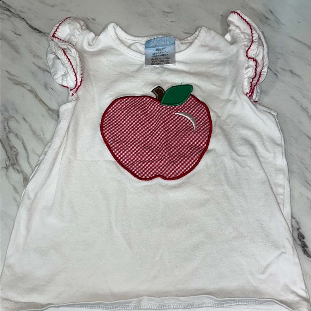 Classic Whimsy White Tee with Red Apple Design 3T